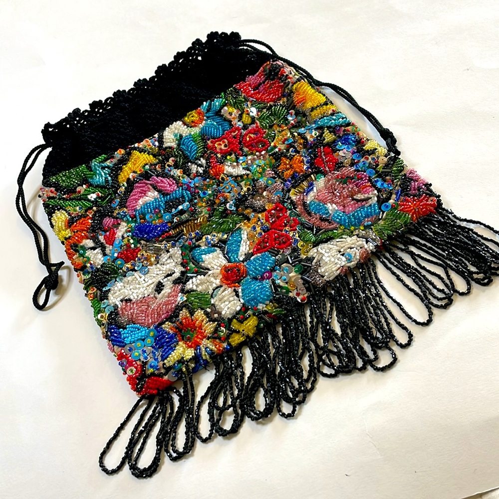 Multi Color Statement Handmade Beaded Floral Design Fringe Crochet Opening Bag